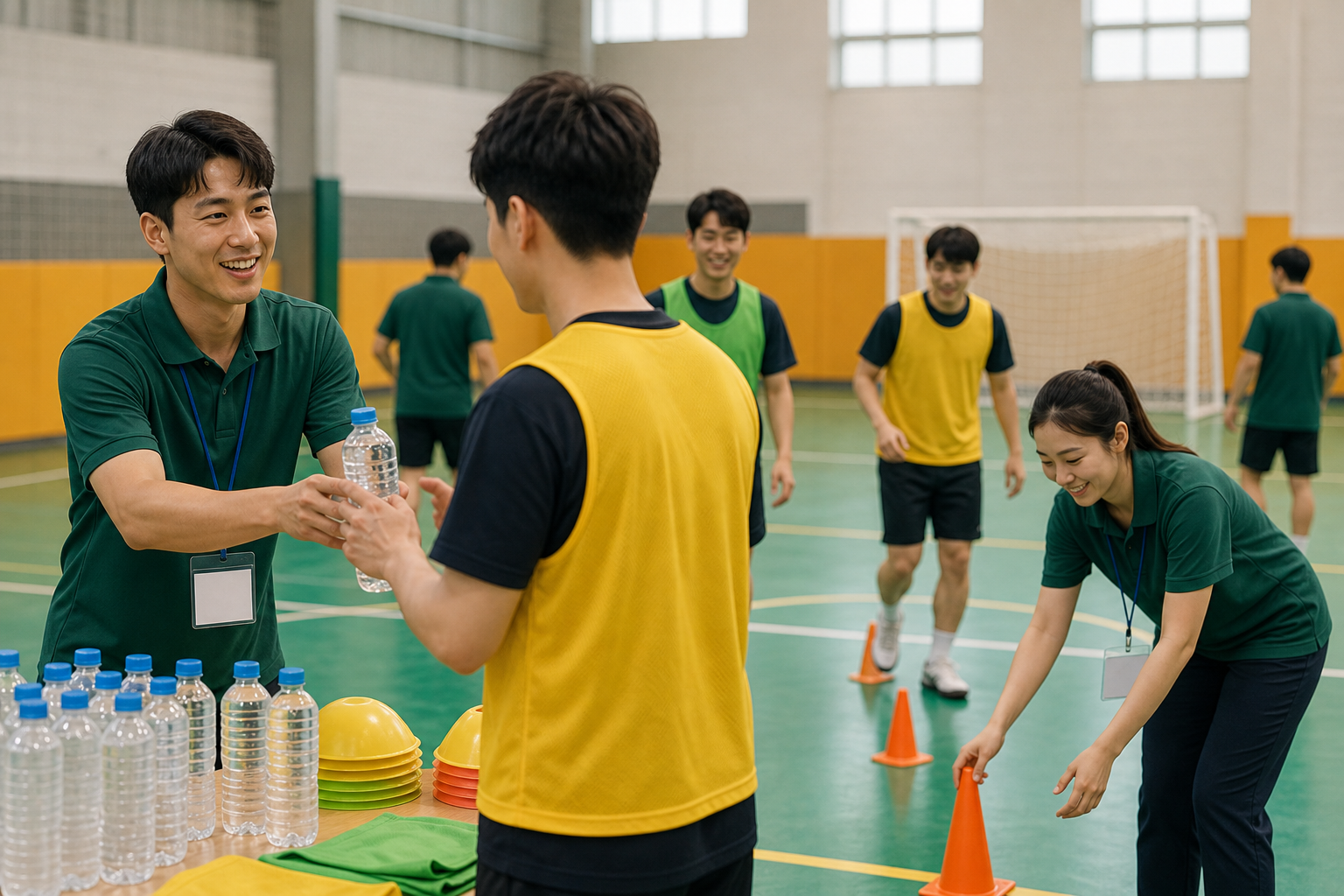 자원봉사자가 풋살 훈련 현장을 돕는 모습